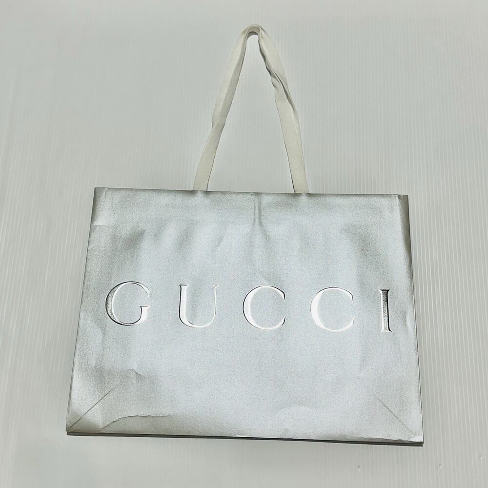GUCCI 19x14x7 Authentic Paper Shopping Gift Bag Tote Silver Logo Print Embossed